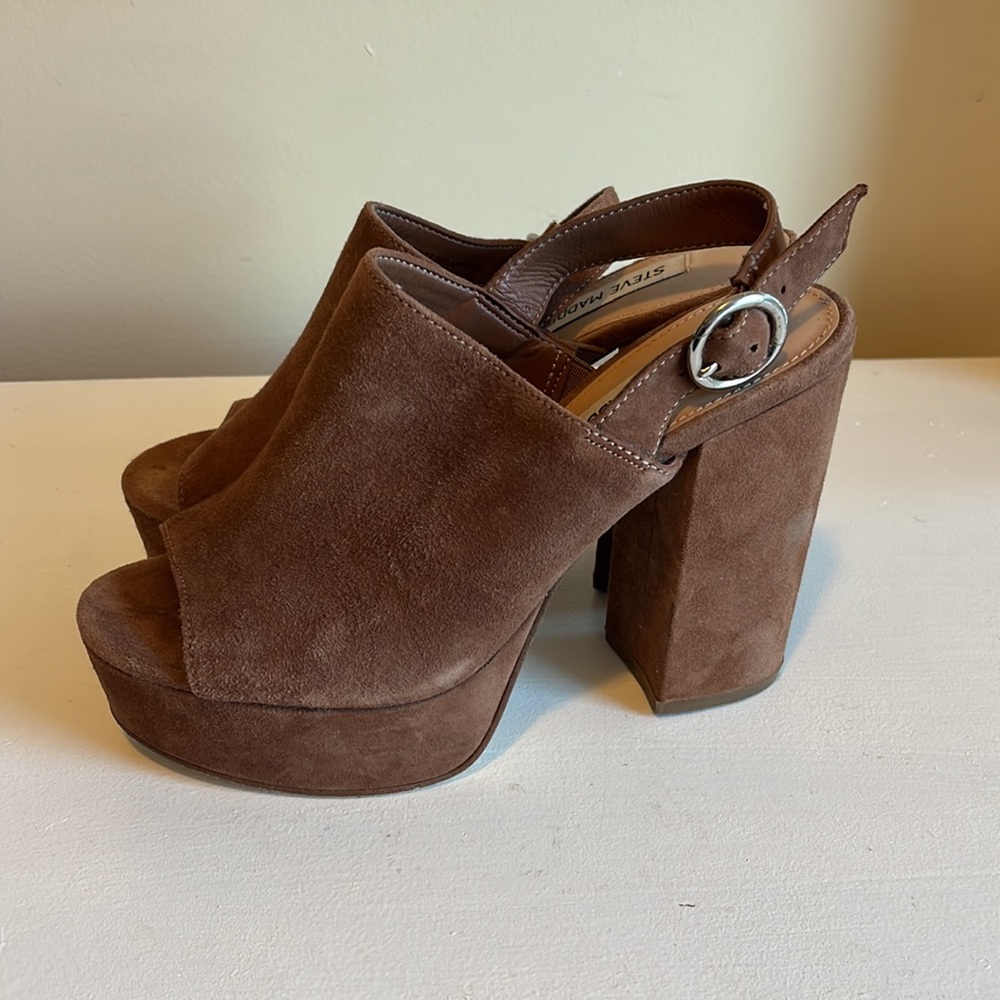 Steve Madden Carter Slingback Suede Camel Chunky Sandal Heel Size 5.5 - Picture 4 of 11